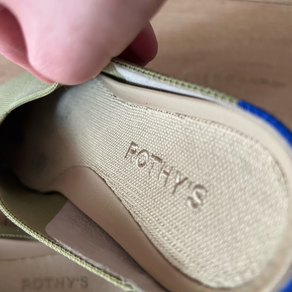 Rothy's Sage Green Pointed-Toe Slip-On Mules with Blue Trim - Picture 2 of 6